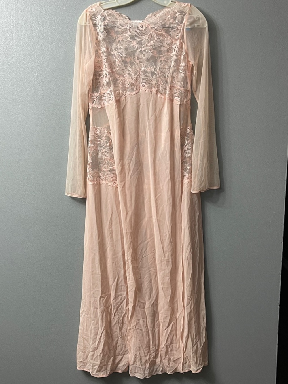La Perla peach silk lace Maxi slip gown dress long sleeve rhinestone detail s